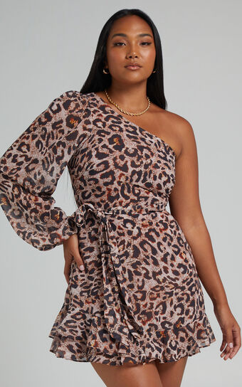 Sherlena One Shoulder Mini Dress in Leopard
