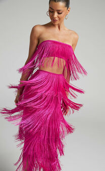 Amalee Fringe Strapless Crop Top and Midi Skirt Two Piece Set in Pink