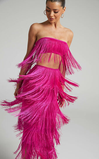 Amalee Fringe Strapless Crop Top and Midi Skirt Two Piece Set in Pink
