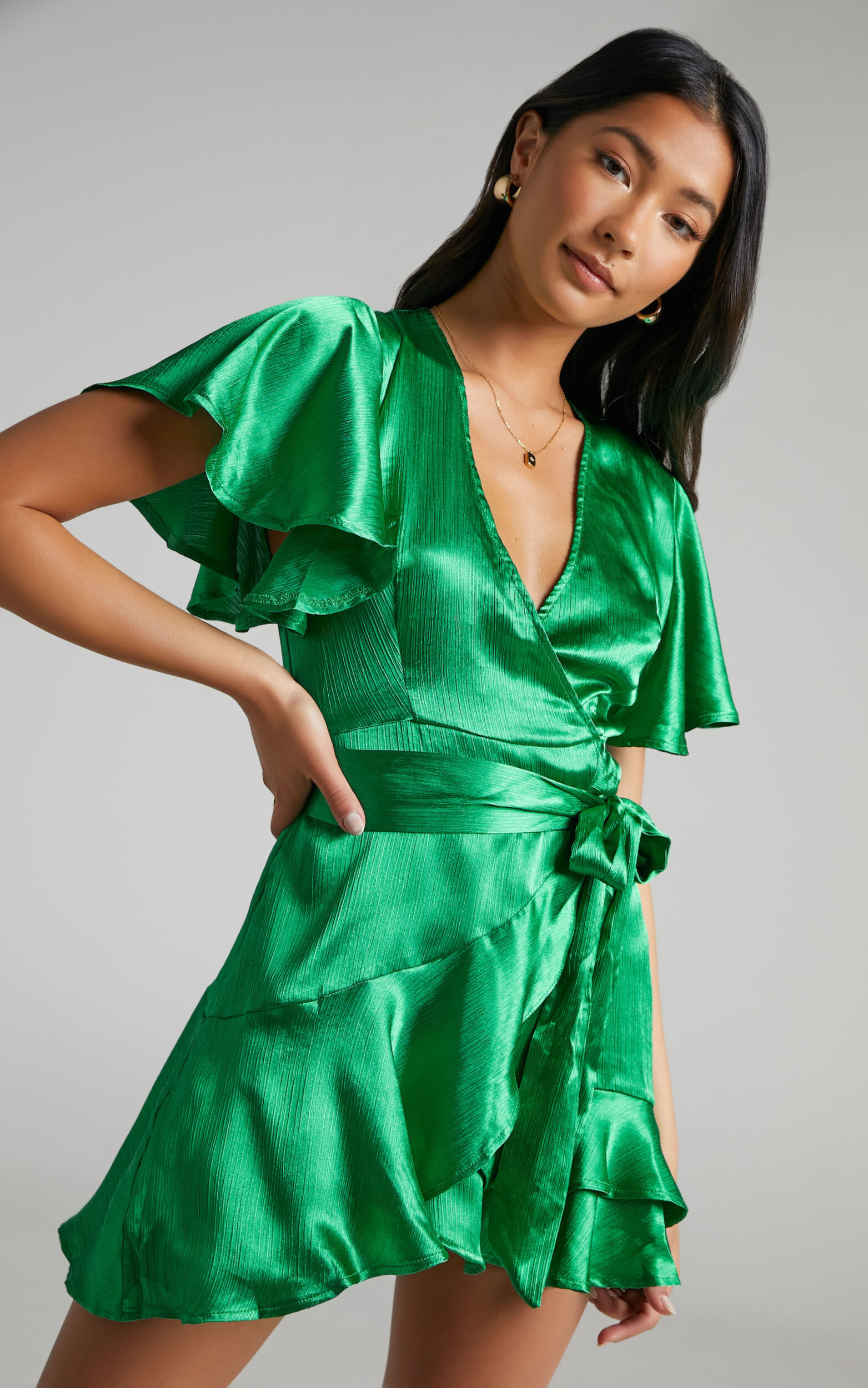 All I Want To Be Ruffle Mini Dress in Green Satin - 04, GRN2, super-hi-res image number null