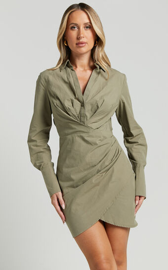 Ryzza Mini Dress - Long Sleeve Wrap Skirt Shirt Dress in Olive