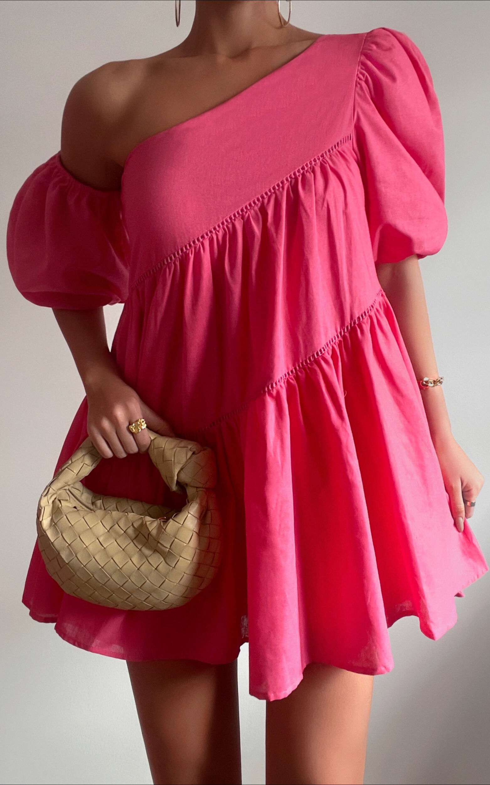 Harleen Mini Dress - Asymmetrical Trim Puff Sleeve Dress in Pink - 04, PNK2, super-hi-res image number null