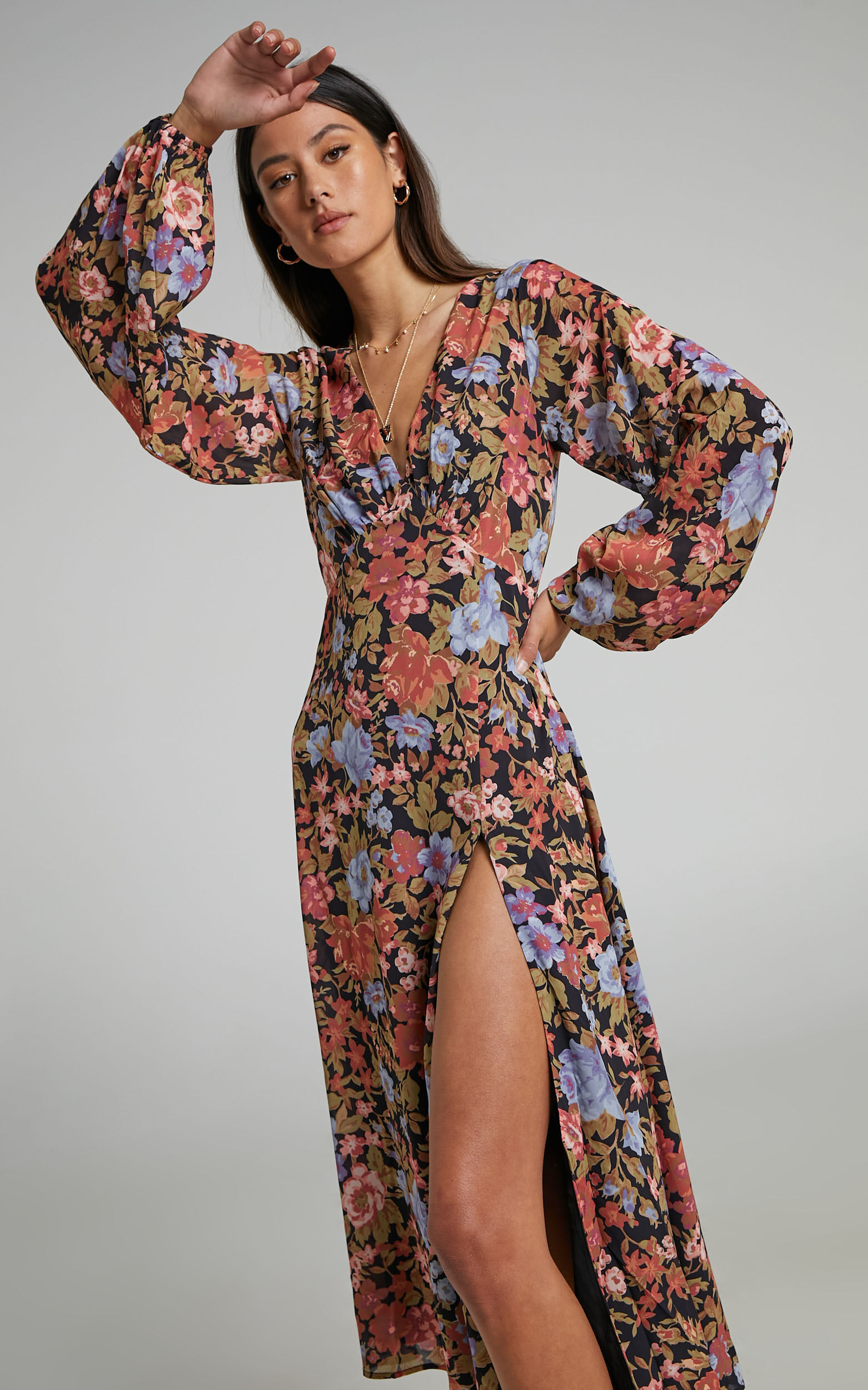 Henny Long Sleeve Split Midi Dress in Dusk Floral - 06, BLK1, super-hi-res image number null