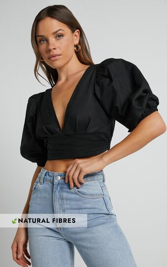 Amalie The Label - Dalya Puff Sleeve fixed Wrap Top in Black