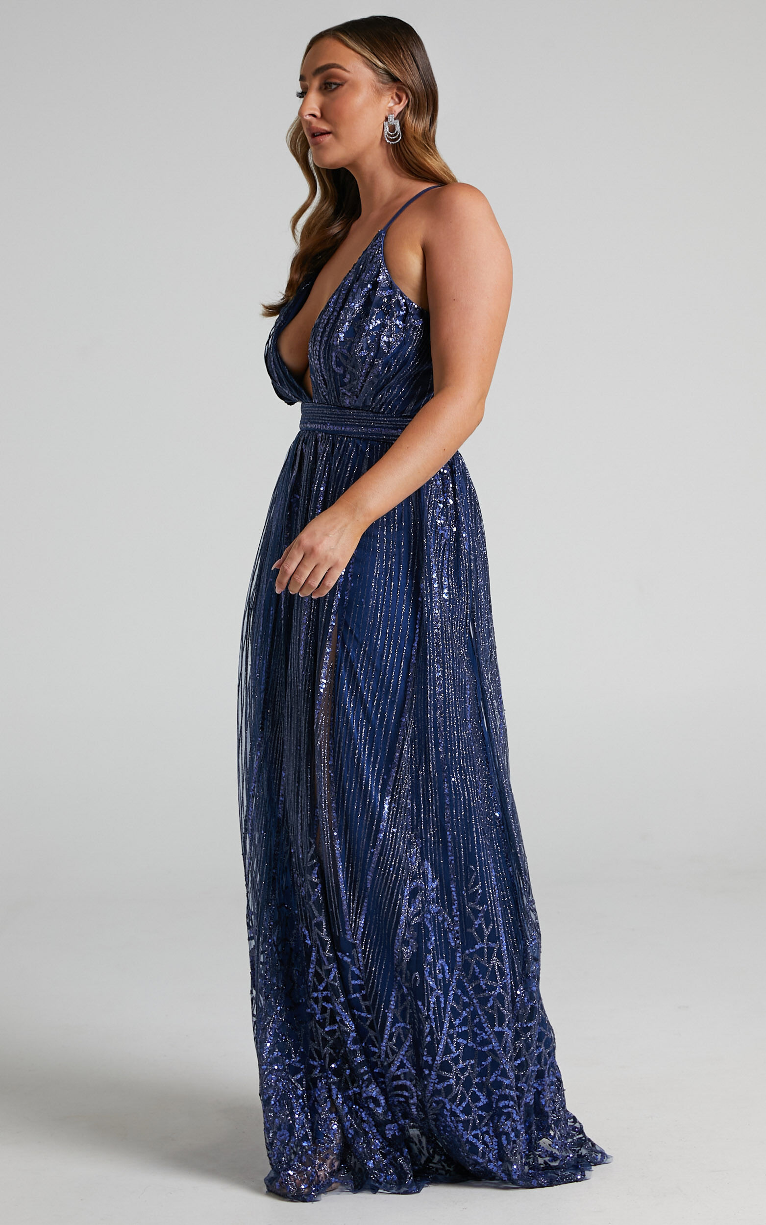 Paola Metallic Plunge Maxi Dress in Navy - 04, NVY3, super-hi-res image number null