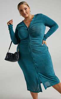 Keagan Ruched Button Front Midi Dress in Emerald