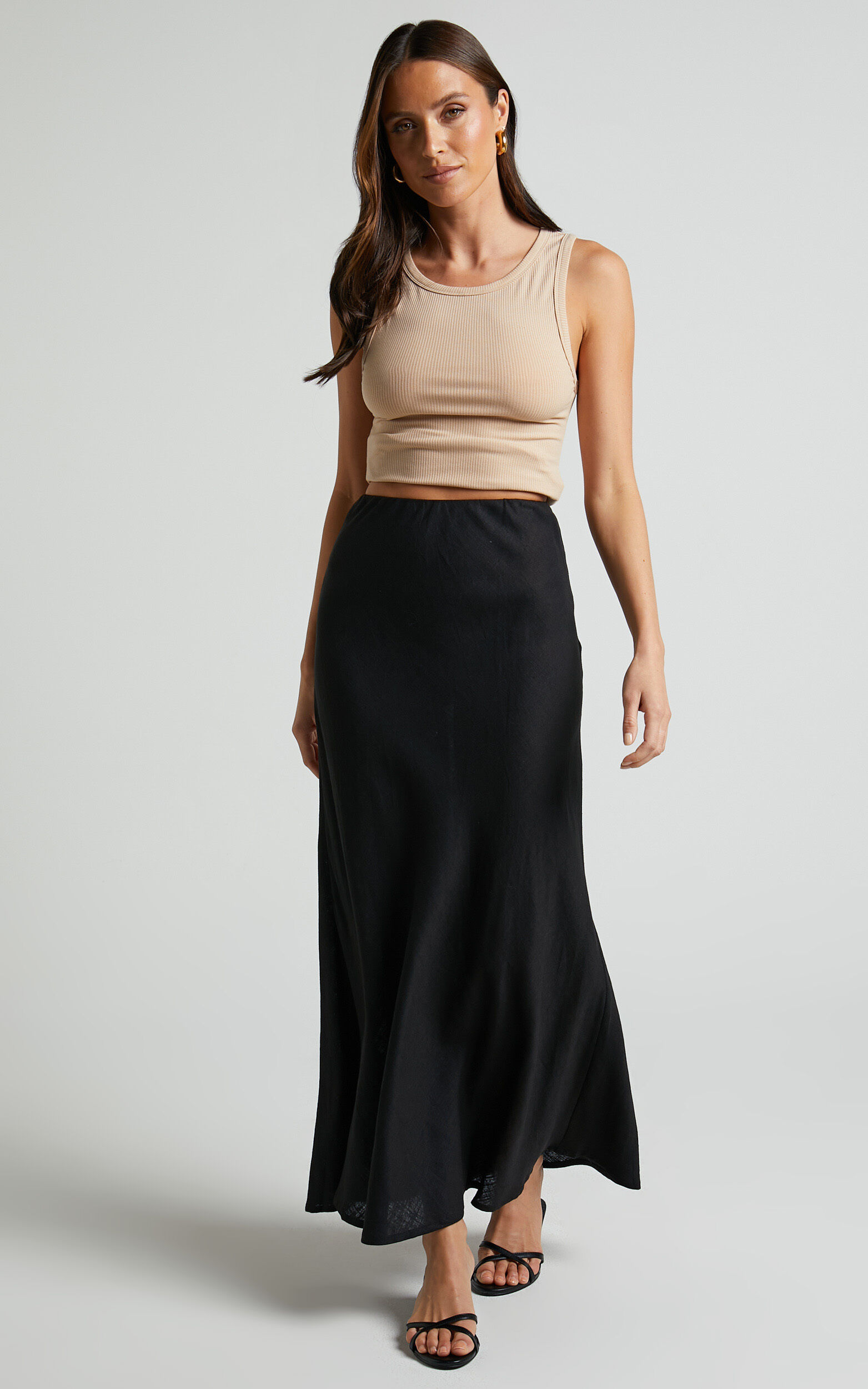 Aubrey Midaxi Skirt - High Waisted Linen Blend Bias Slip Skirt in Black - 06, BLK1