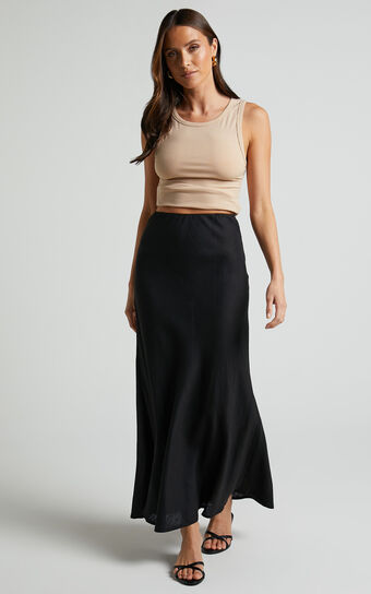 Aubrey Midaxi Skirt - High Waisted Linen Blend Bias Slip Skirt in Black