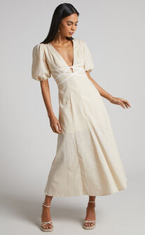 Elsa Midi Dress - Linen Look Puff Sleeve Plunge Dress in Beige
