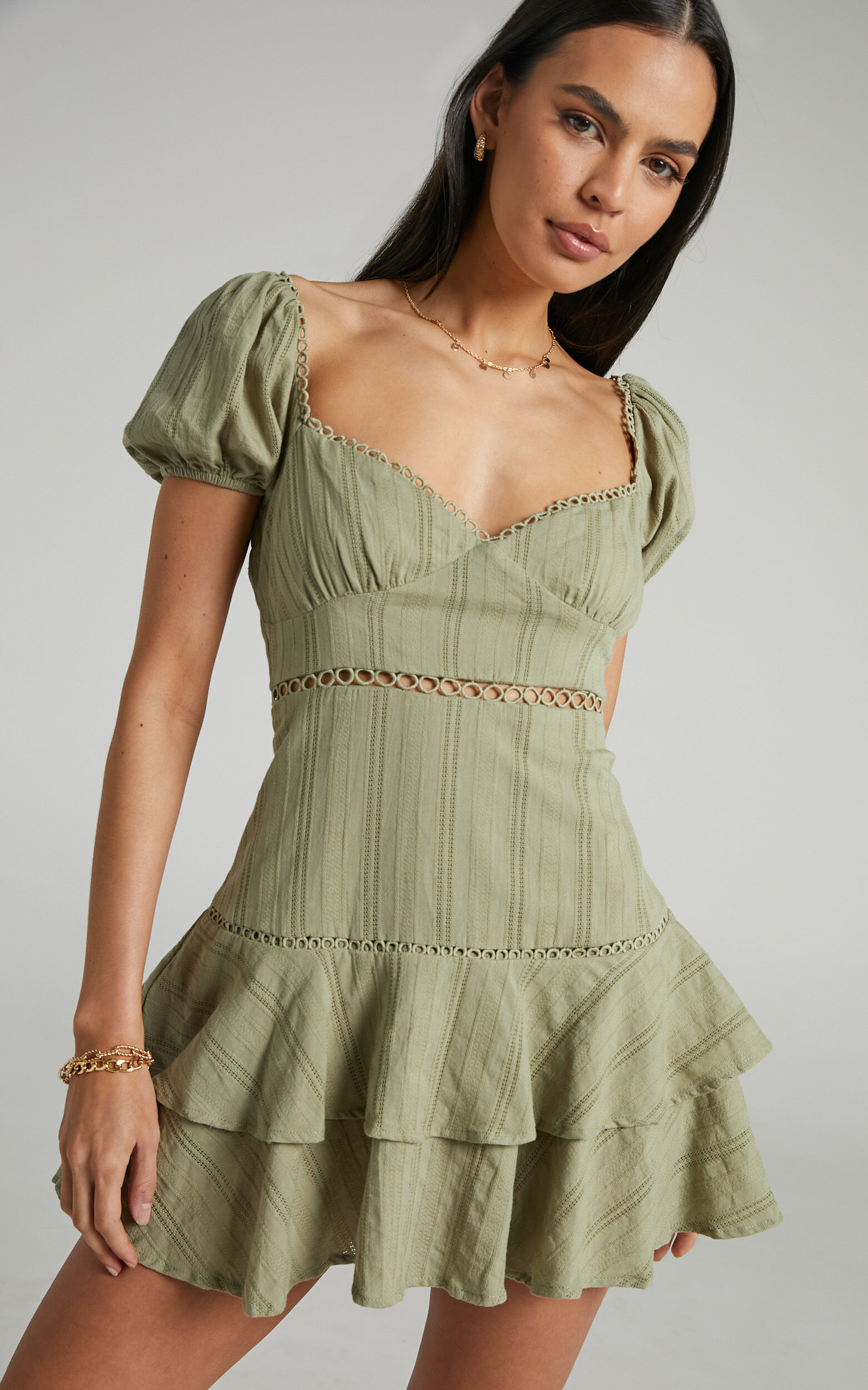 Rhyken Puff Sleeve Frill Detail Mini Dress in Khaki - 12, GRN1, super-hi-res image number null