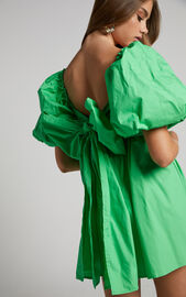 Melony Mini Dress - Cotton Poplin Puff Sleeve Dress in Green | Showpo USA