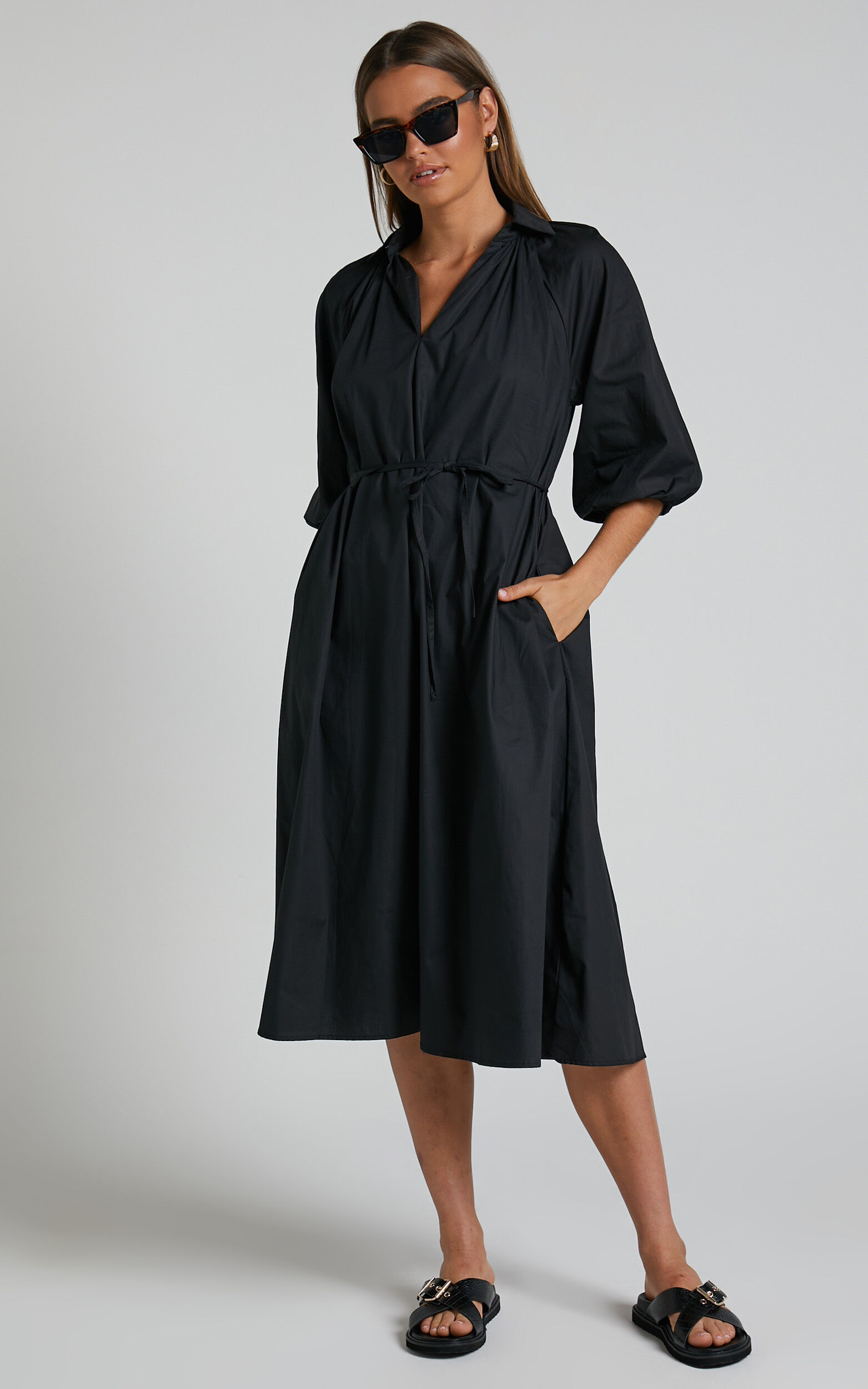 Simone Long Sleeve Wrap Midid Dress in Black - 06, BLK1