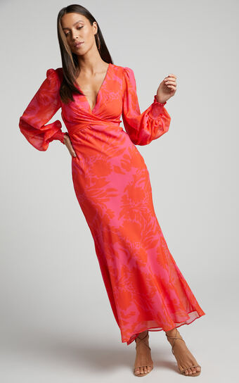 Artelia Midaxi Dress - V Neck Long Sleeve Slip Dress in Pink Floral