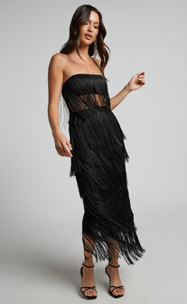 Amalee Fringe Strapless Crop Top and Midi Skirt Two Piece Set in Black