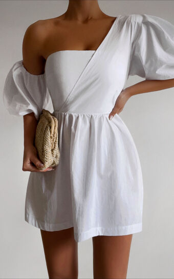 Sula Mini Dress - Asymmetric Off One Shoulder Puff Sleeve Dress in White