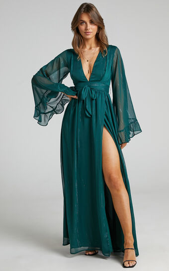 Dangerous Woman Maxi Dress - Plunge Thigh Split Dress in Emerald
