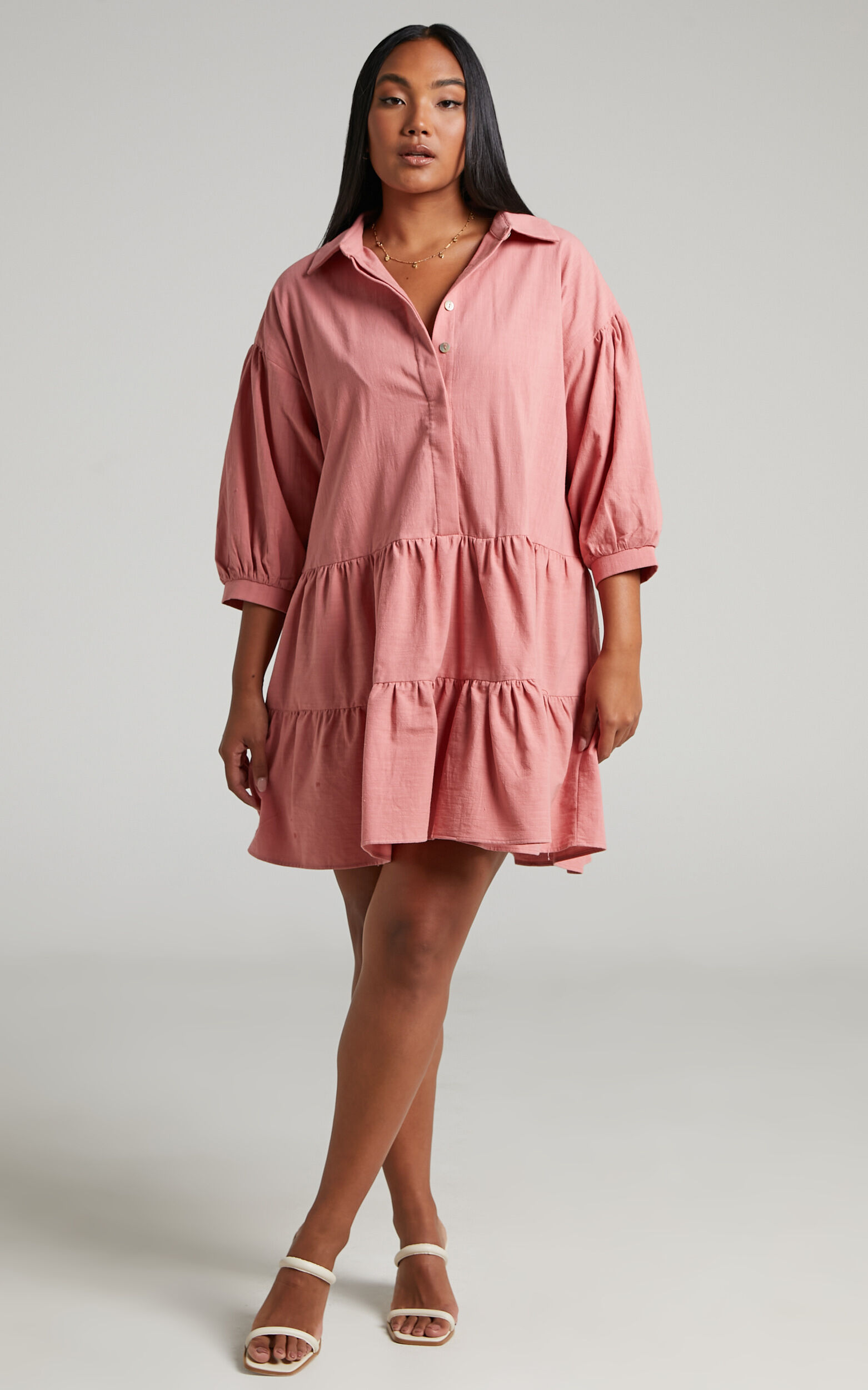 Adriana Collared Tiered Mini Dress in Dusty Pink - 04, PNK1, super-hi-res image number null