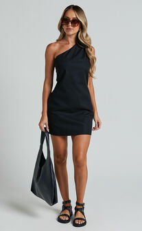 Mardelle Mini Dress - Linen Look Asymmetric One Shoulder Dress in Black |  Showpo USA
