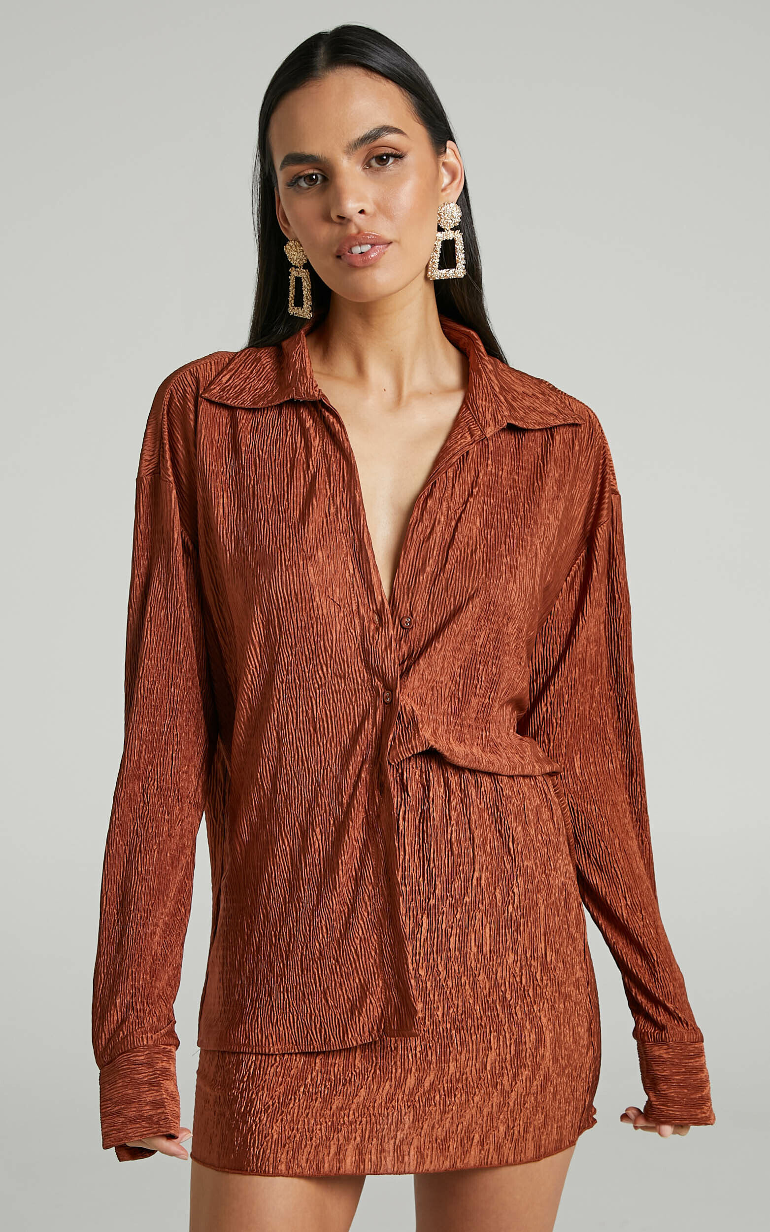 Rosamund Relaxed Button Up Crinkle Shirt in Clay - 04, BRN2, super-hi-res image number null