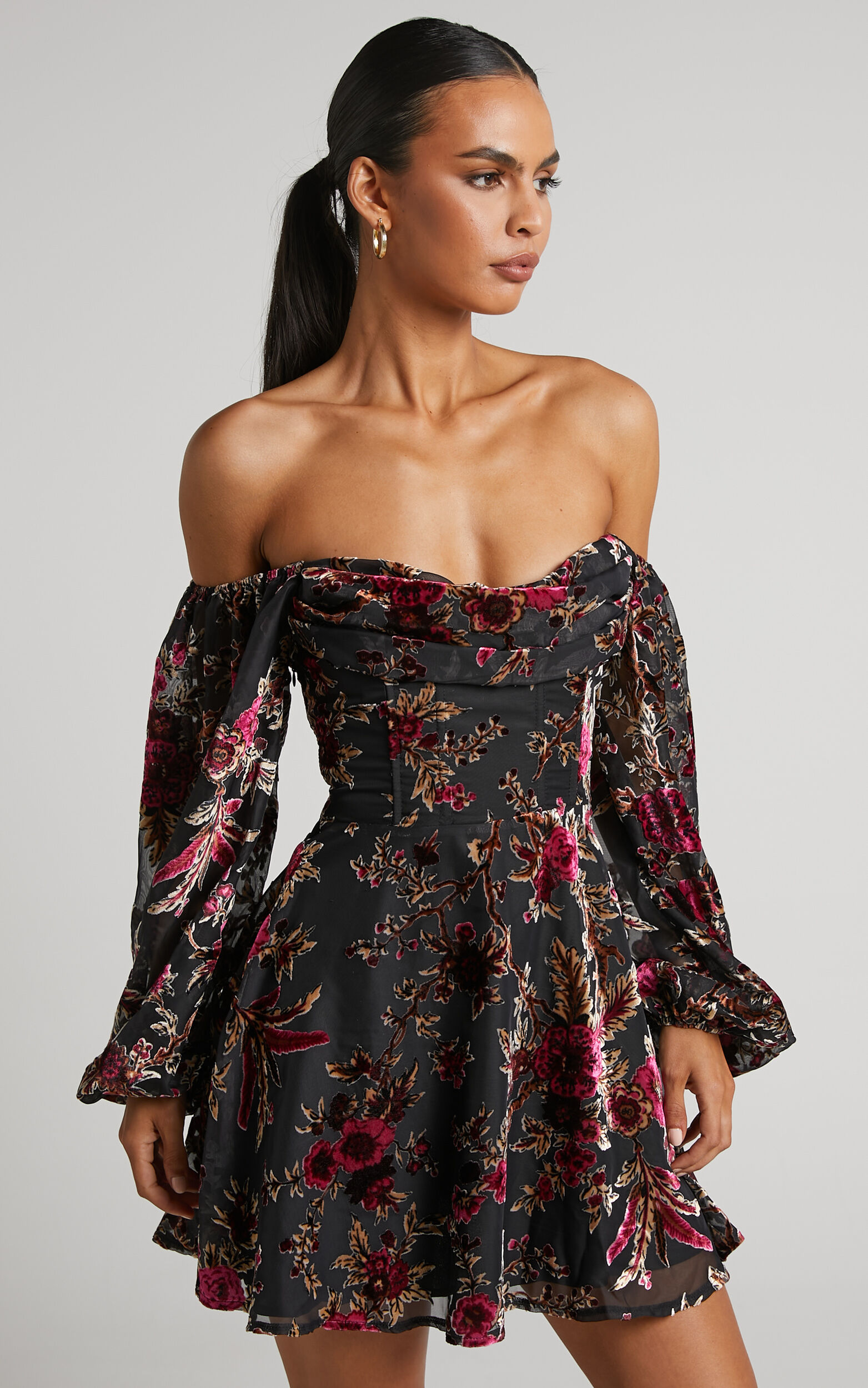 Jessell Mini Dress - Long Sleeve Cowl Corset Dress in Black Floral - 04, BLK1