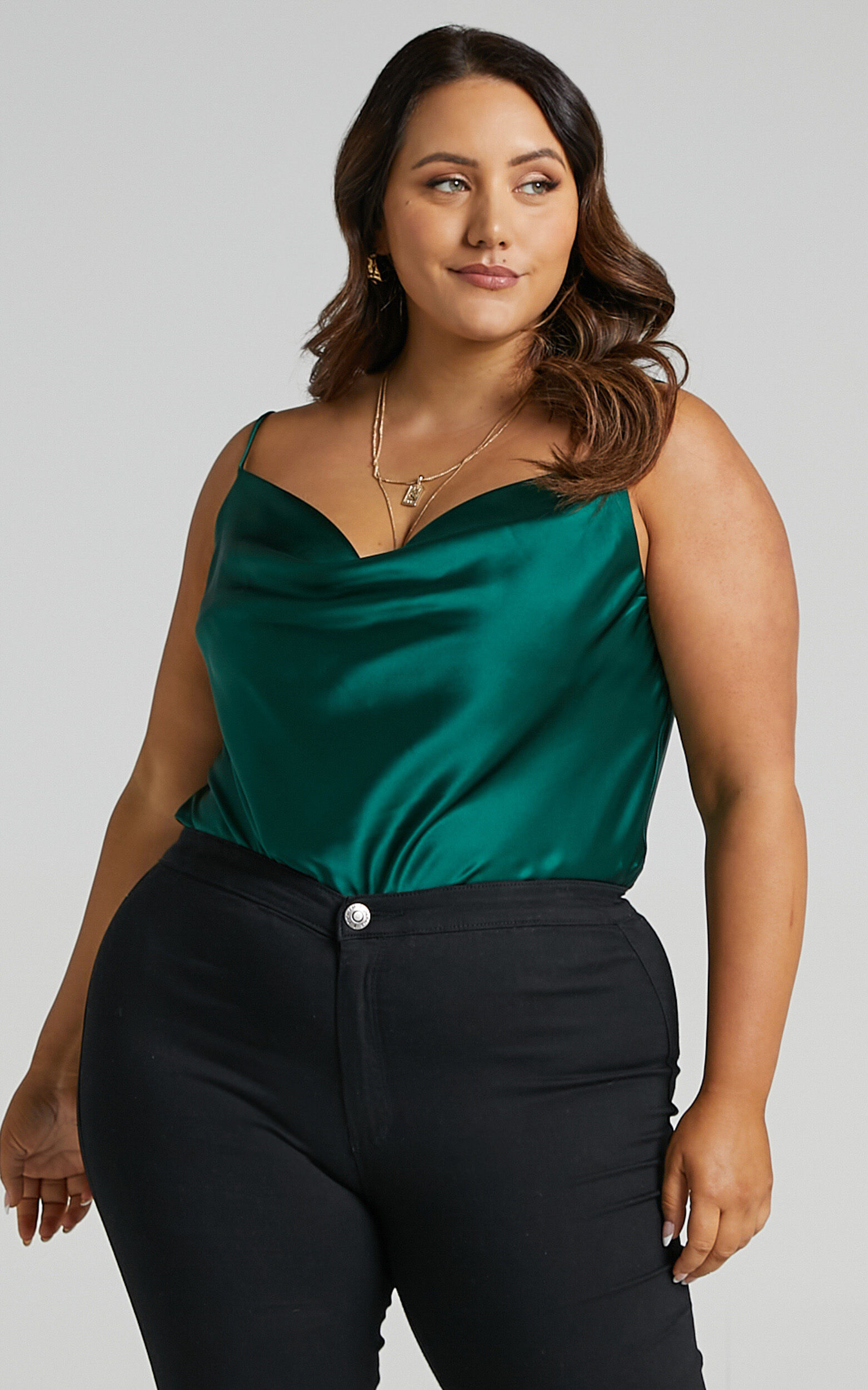 Faunia Cowl Neck Top in Emerald Satin - 20, GRN2, super-hi-res image number null