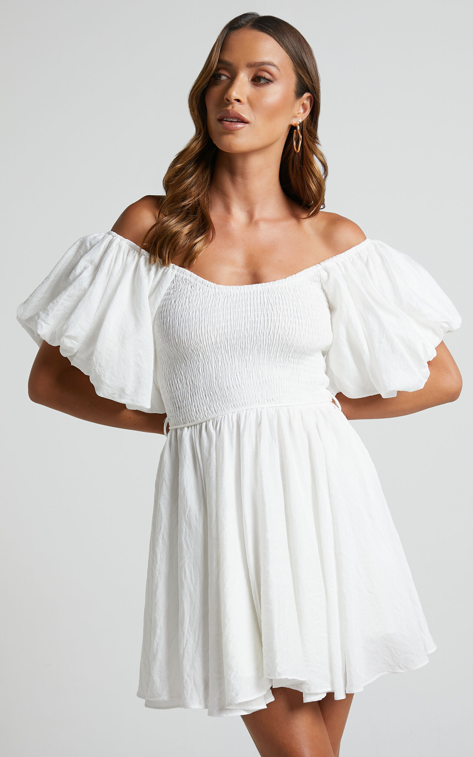 Cedlla Puff Sleeve Textured Mini Dress in White - 06, WHT1, super-hi-res image number null
