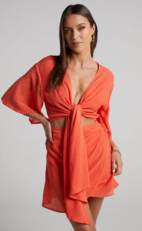 Armande Mini Dress - Kimono Sleeve Tie Front Dress in Orange
