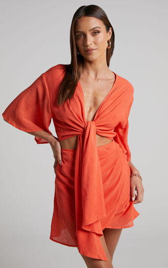 Armande Mini Dress - Kimono Sleeve Tie Front Dress in Orange