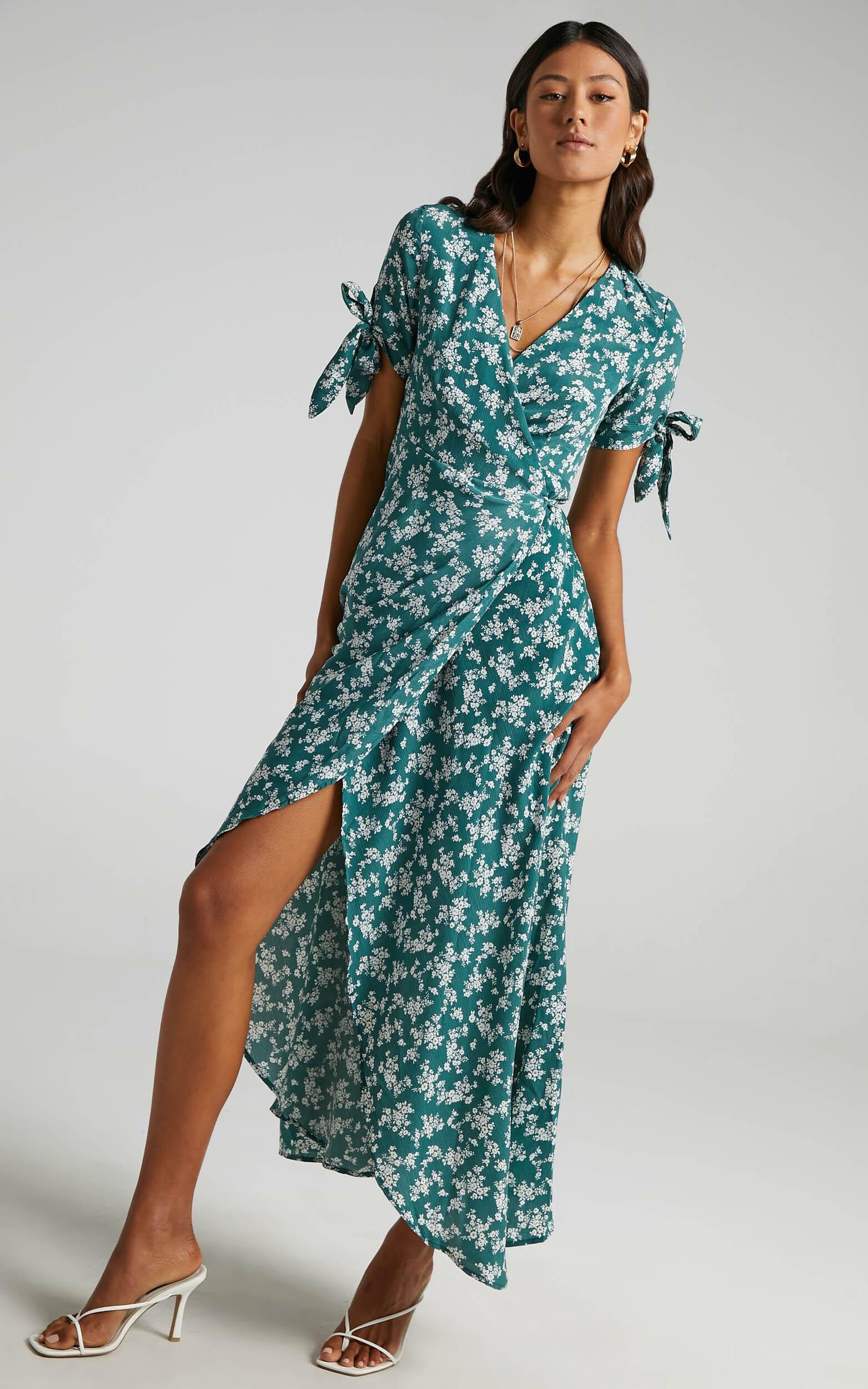 Picking It Up Wrap Maxi Dress in Teal Floral - 06, GRN1