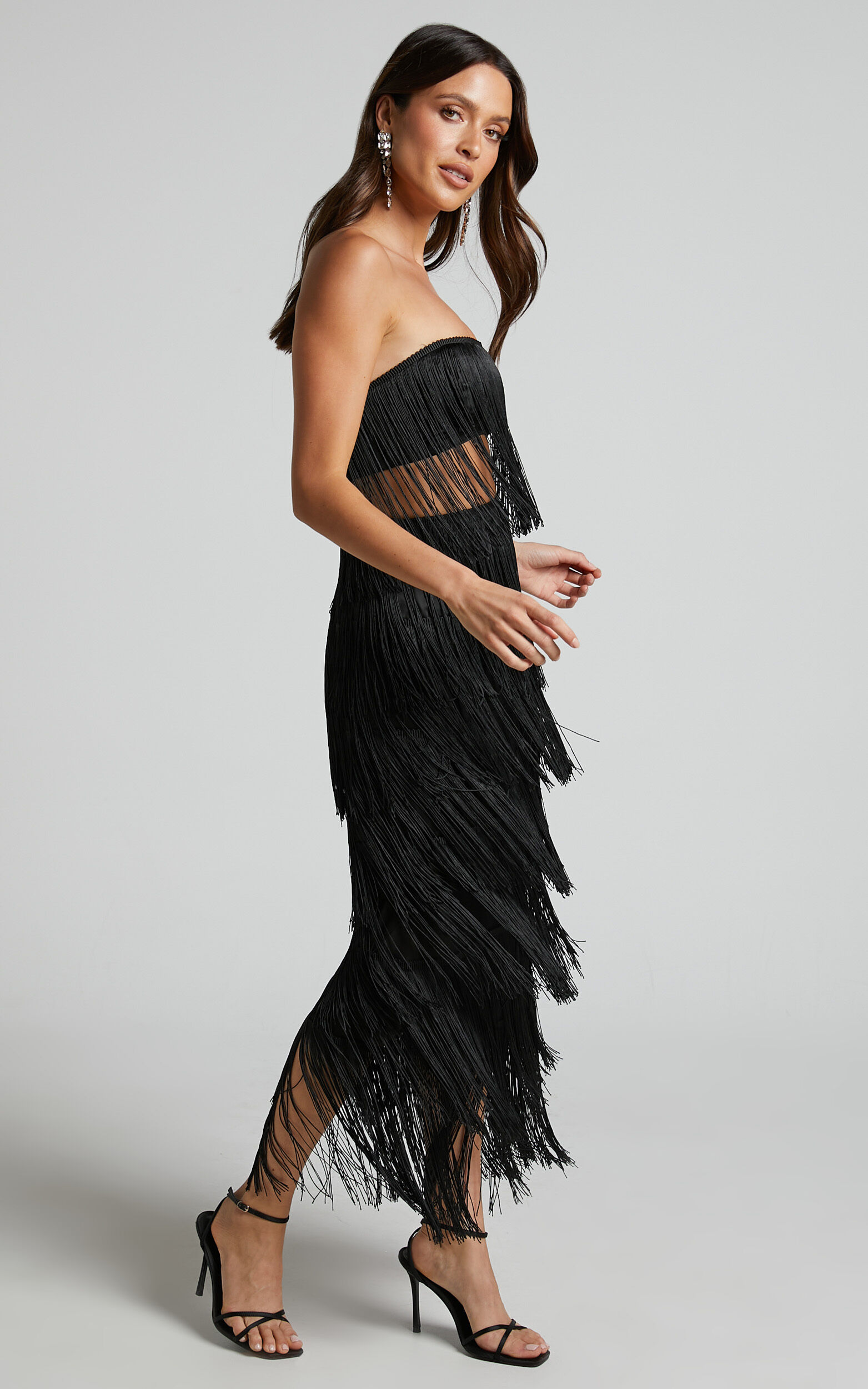 Amalee Two Piece Set - Fringe Strapless Crop Top and Midi Skirt Set in  Black