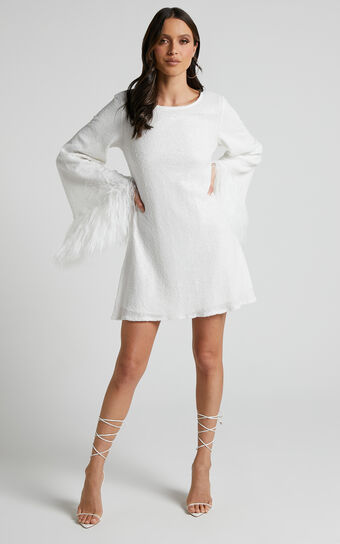 Rowella Mini Dress - Faux Feather Bell Sleeve Dress in White