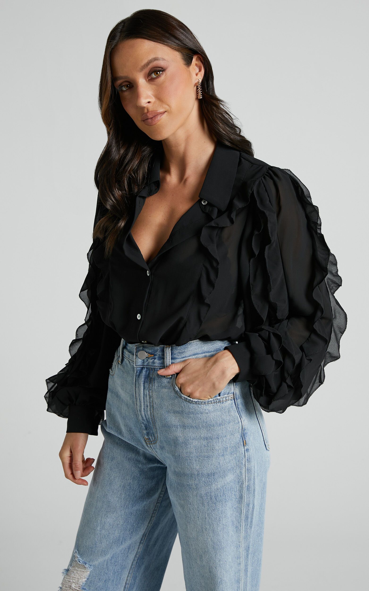 Miliano Top - Long Sleeve Frill Detail Button Through Blouse in Black - 04, BLK1