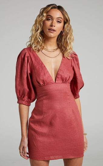 Amalie The Label - Mikaelle Linen Puff Sleeve Open Back Bodycon Mini Dress in Burnt Rose