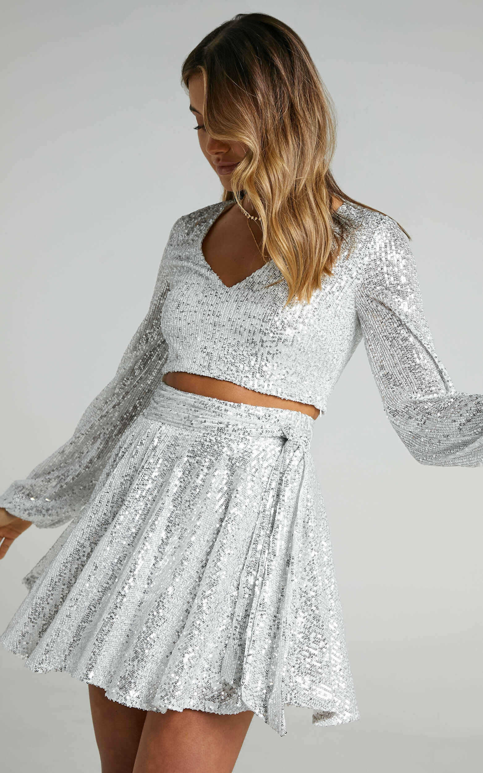 Cami Longsleeve Two Piece Set in Silver Sequin - 06, SLV2, super-hi-res image number null