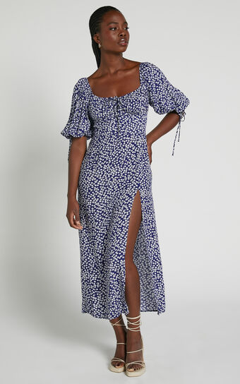 Rosario Midaxi Dress - Ruched Bust Puff Sleeve Dress in Blue Floral