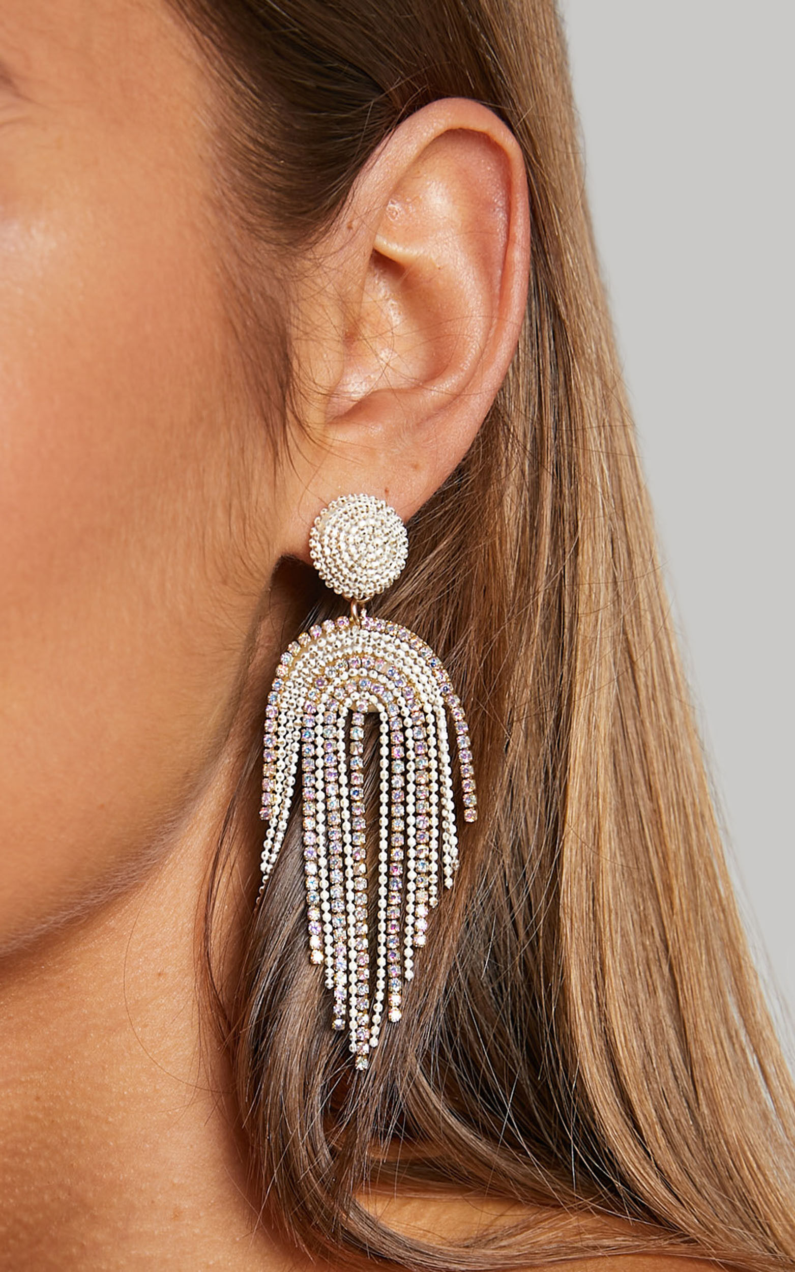 Elincia Earrings - Multicoloured Fringe Drop Earrings in Silver Diamante - NoSize, SLV1, super-hi-res image number null