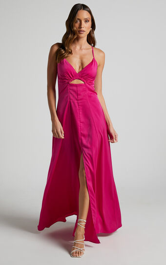 Hazella Midi Dress - V Neck Cut Out Cross Back Satin Dress in Hot Pink