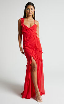 Nitha Maxi Dress - Aysmmetrical Frill Thigh Slit Dress in Red