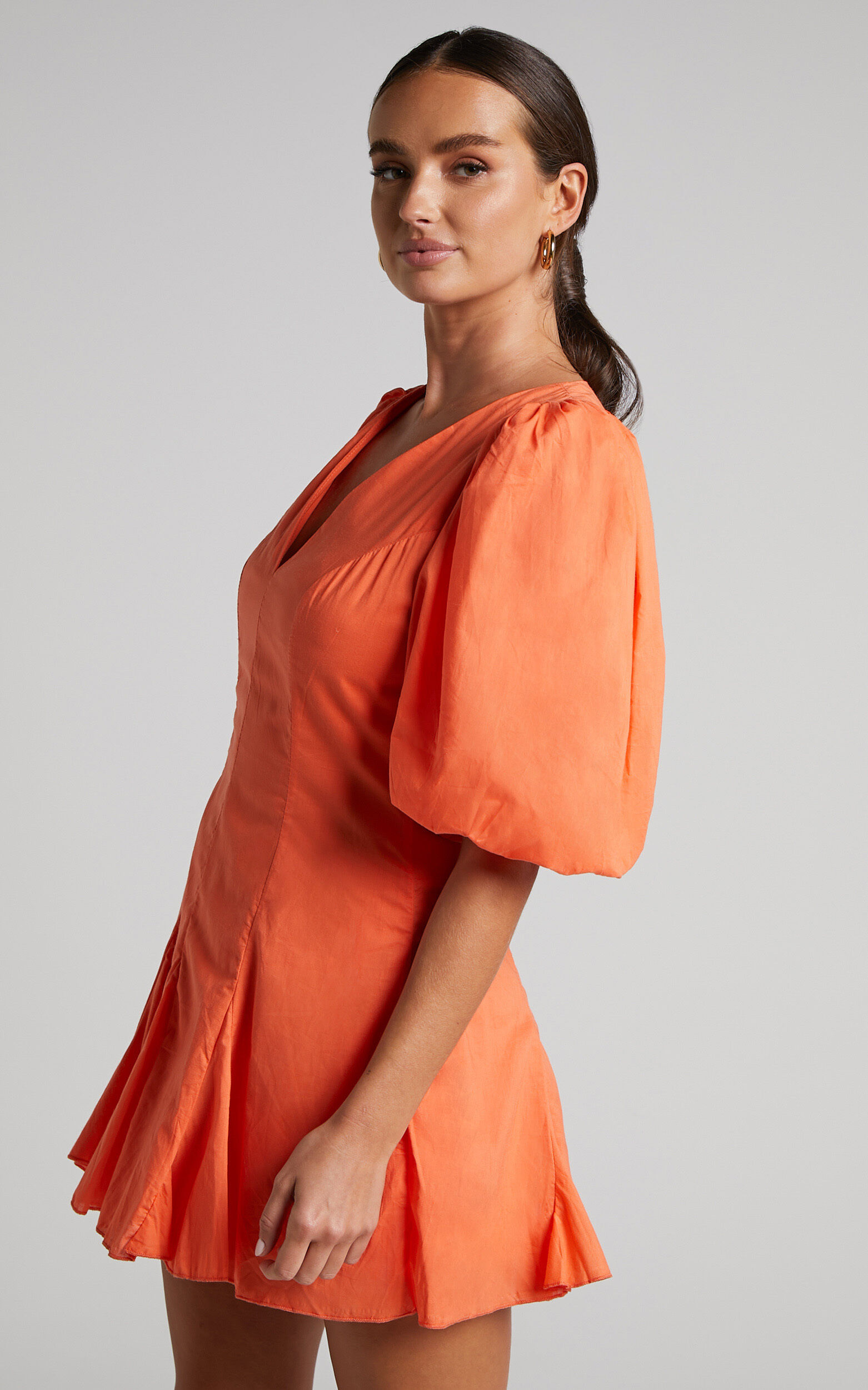Shairah Mini Dress - V Neck Puff Sleeve Flutter Hem Dress in Orange - 04, ORG1, super-hi-res image number null