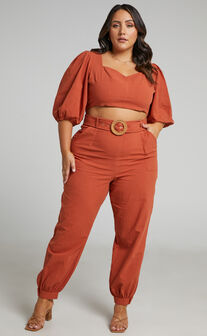Amalie The Label -  Ivy Cotton High Rise Belted Balloon Leg Tapered Pant in Pink Clay
