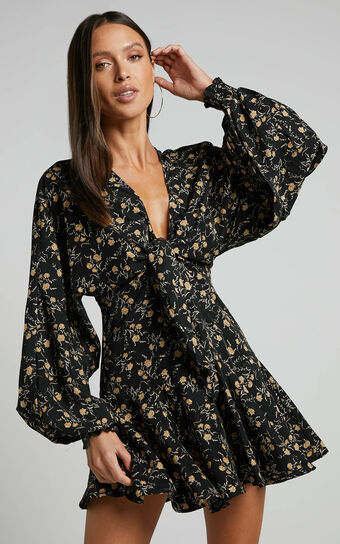 Zillion Mini Dress - Long Sleeve Button Front Dress in Black Floral