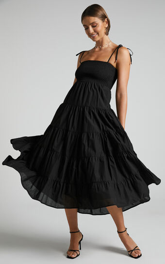 Ayla Midi Dress - Tie Up Strap Tiered Dress in Black