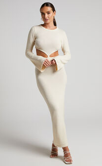 Ashtyn Maxi Dress - Long Sleeve Side Cut Out Knit Dress in Natural