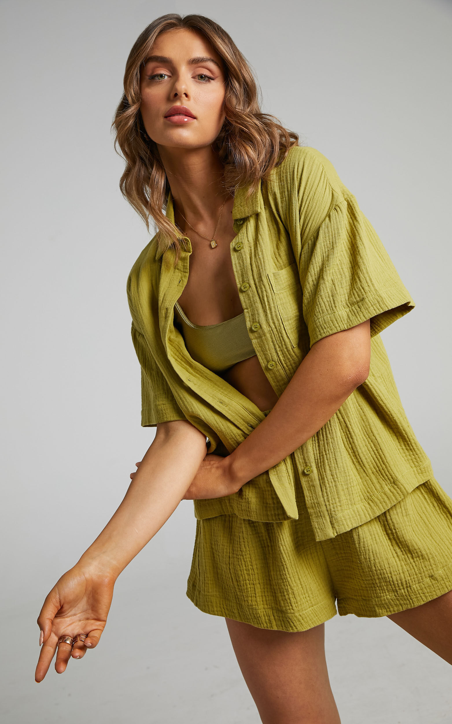Donita Top - Button Up Shirt Top in Olive - 04, GRN2