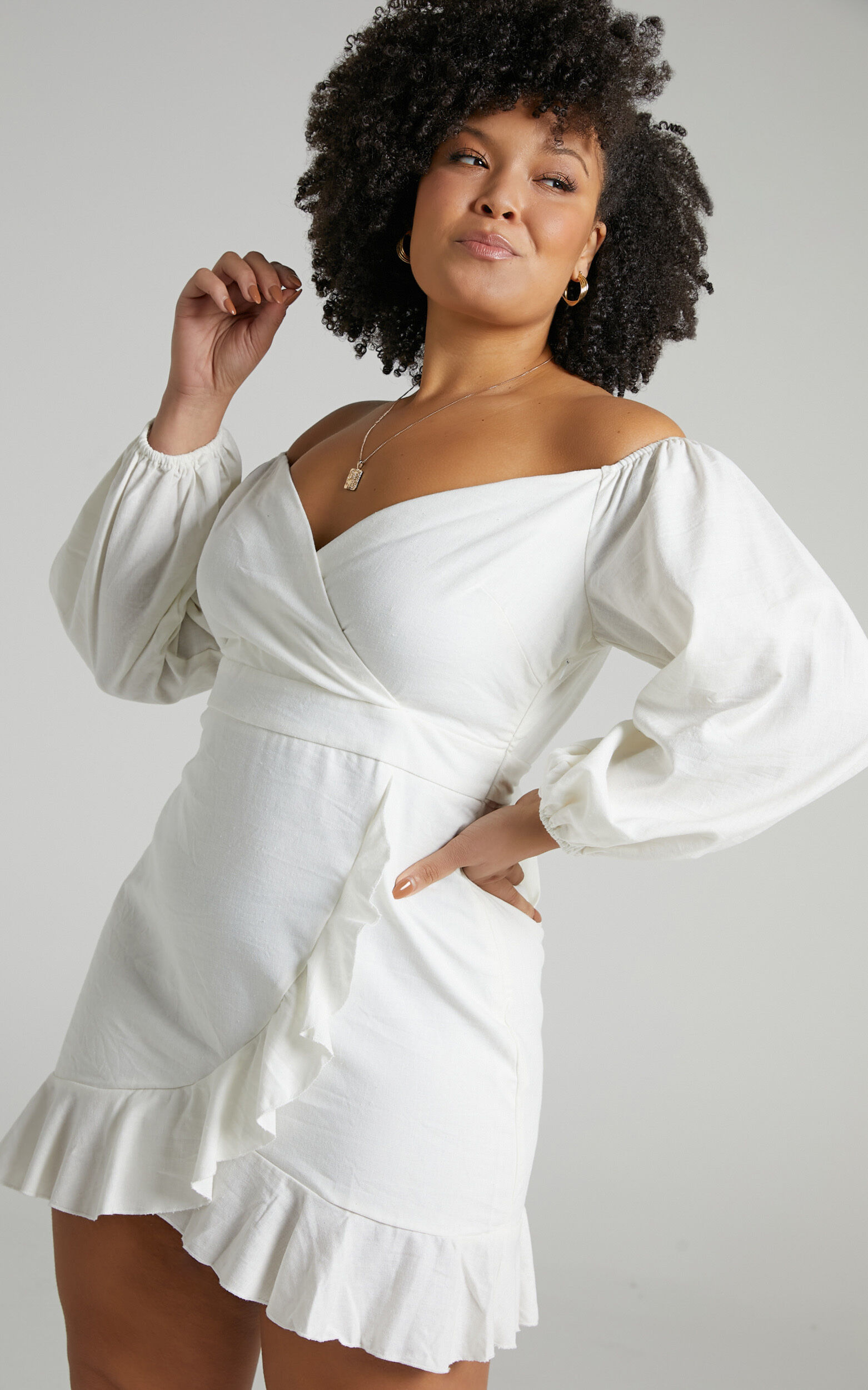 Cant Move On Off Shoulder Mini Dress in White Linen Look - 20, WHT3, super-hi-res image number null