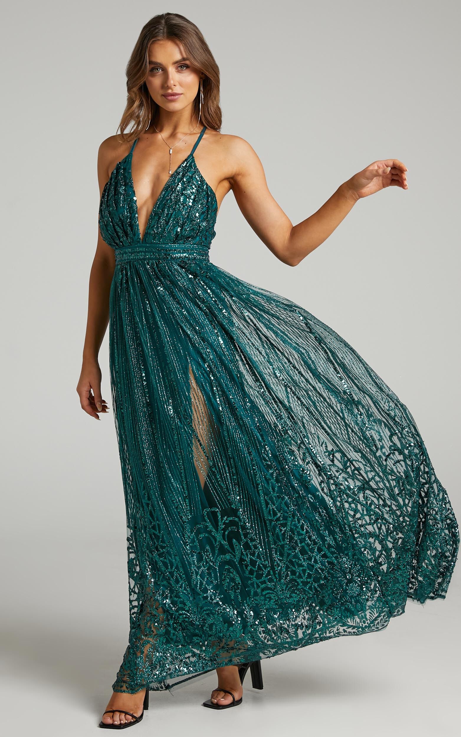 Paola Maxi Dress - Metallic Plunge Dress in Emerald - 04, GRN2