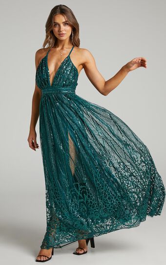 Paola Maxi Dress - Metallic Plunge Dress in Emerald