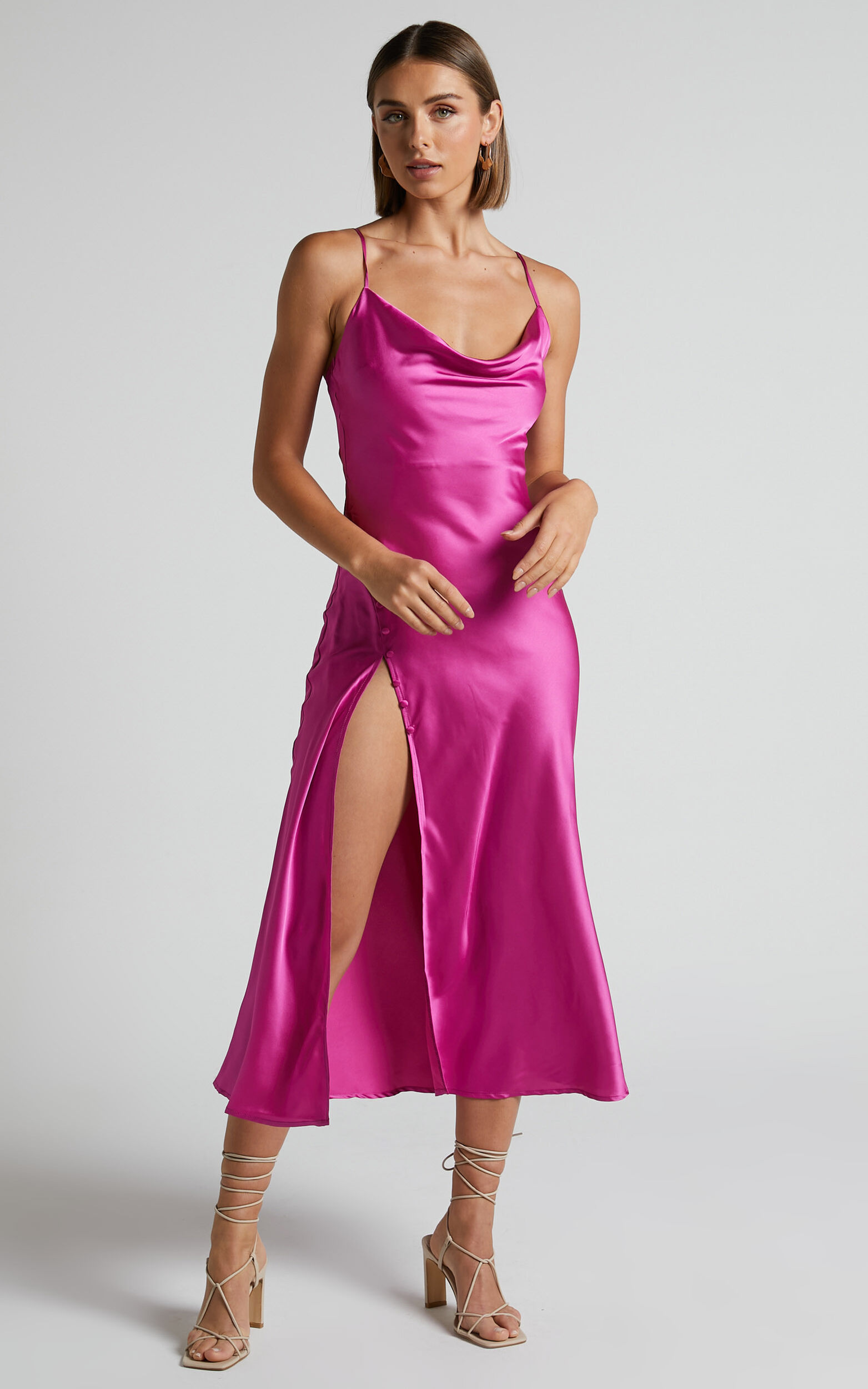 Flordeliza Midi Dress - Cowl Neck Thigh Slit Slip Dress in Pink ...