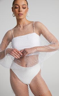 Sharlize Mini Dress - Diamante Mesh Long Sleeve Dress in White