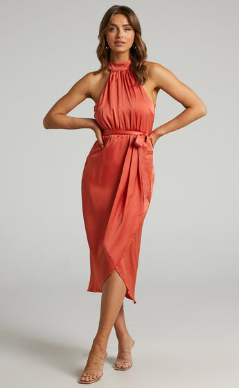 Montreal Midi Dress with High Neckline in Rust Satin